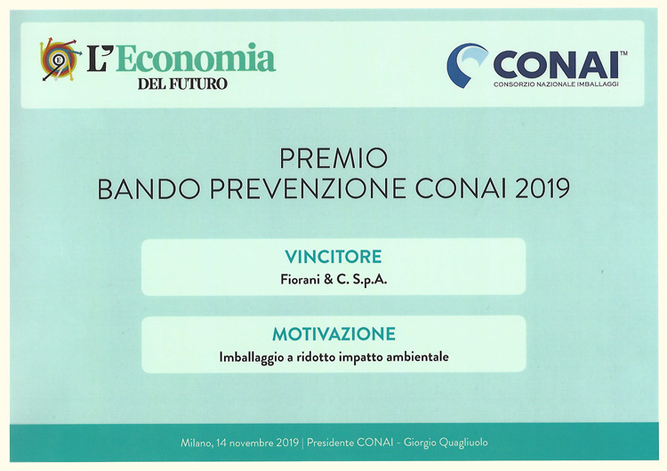 Premio bando prevenzione CONAI 2019 per Imabllaggio a ridotto i